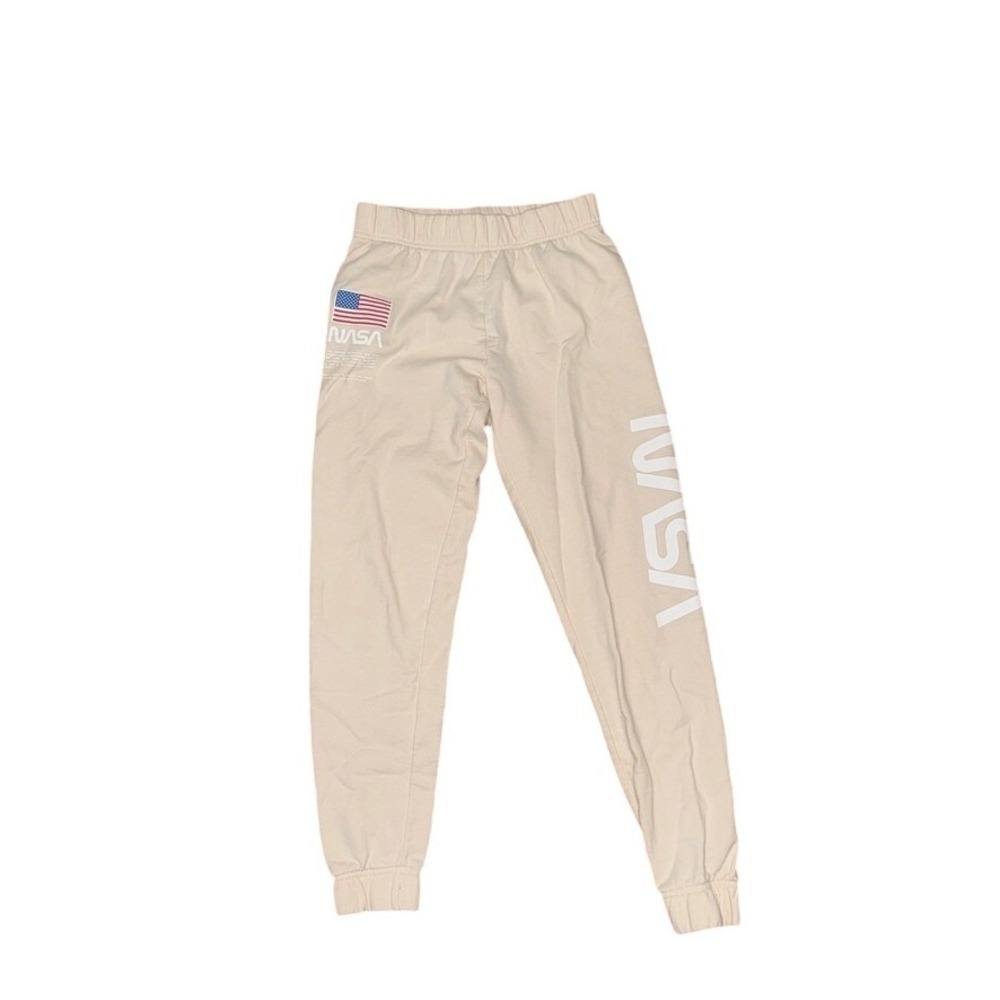 NASA Kids Jogger Sweatpants Tan Beige Logo Graphic Fleece Pants Size Small